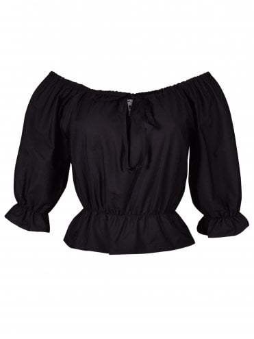 Black Cotton 1940s Rosa Peasant Top with puff sleeves and tie front