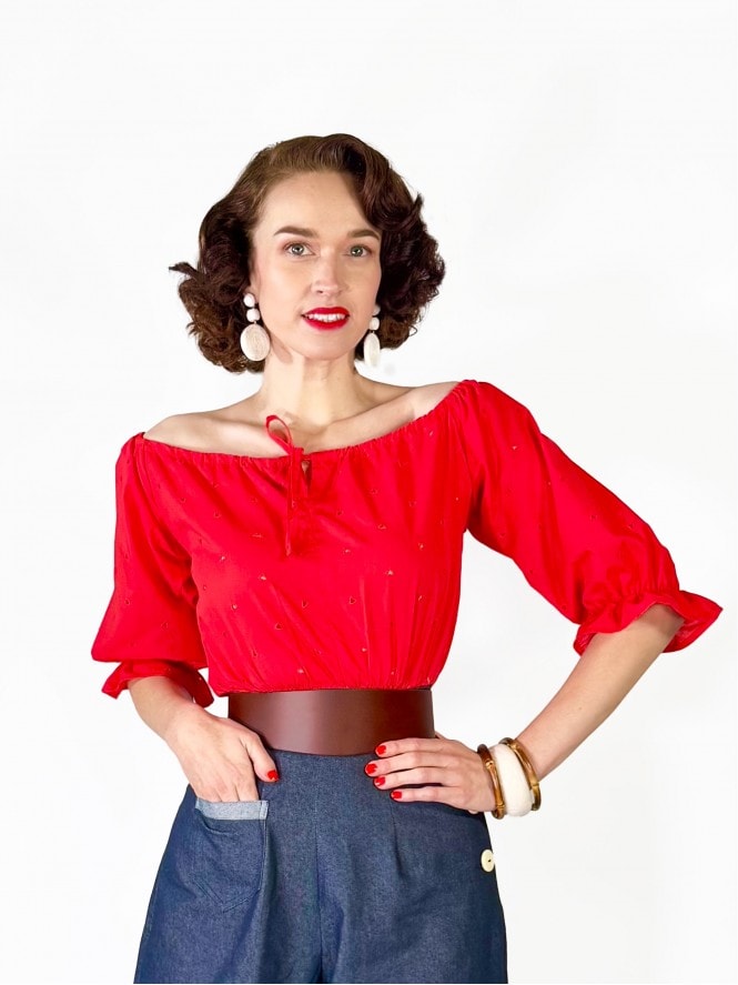 Rosa Peasant Top Broderie Red