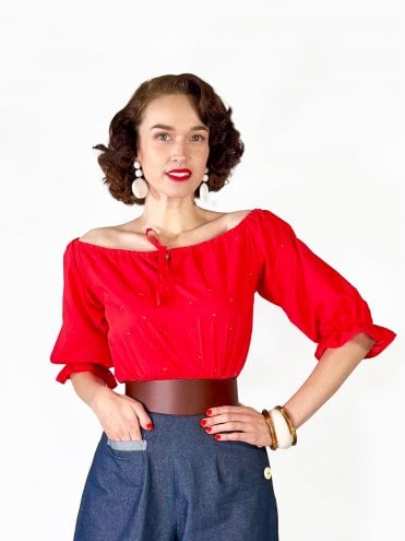 Rosa Peasant Top Broderie Red