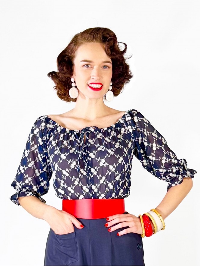 Rosa Peasant Top Floral Lace Navy