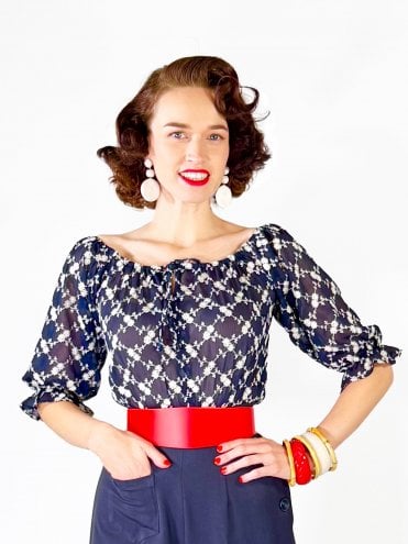 Rosa Peasant Top Floral Lace Navy