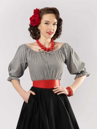 Rosa Peasant Top Gingham Black