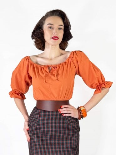 1940s Orange Cotton Rosa Peasant Top with puff sleeves and tie front