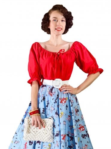 Red Cotton 1940s Rosa Peasant Top with puff sleeves and tie front