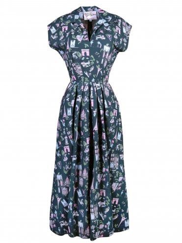 Paris Grey 1940s Runaround Sue day dress with winged collar and pockets