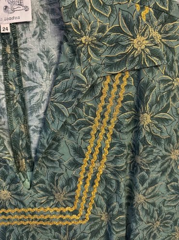 Poinsettia Green Gold 1940s Runaround Sue Christmas day dress with winged collar and pockets