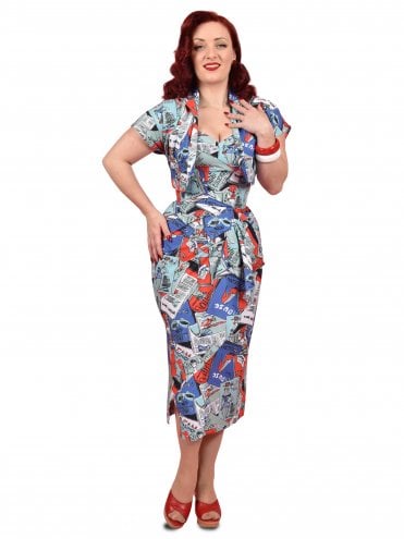 40s-1940s-50s-1950s-Vivien-of-Holloway-Best-Vintage-Reproduction-Swing-Rockabilly-Pinup-Sarong-Set-Retro-Party-Dress-Blue-Cover-Girl-Vogue-Novelty-Bespoke-Print