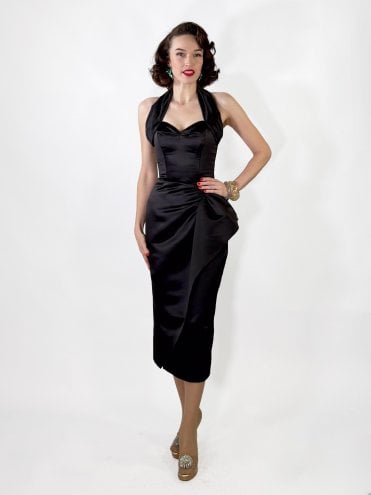 Duchess Satin Black Red Carpet 1940s vintage sarong dress with glamorous styling