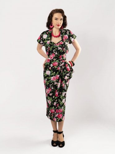 Rose Black Pink Floral Print 1940s vintage sarong dress with glamorous styling