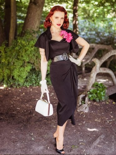 Sateen Black 1940s vintage sarong dress with glamorous styling