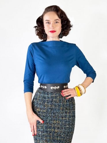 Slash Neck Top Blue Airforce 1950s jersey women boat neck bardot top plain solid