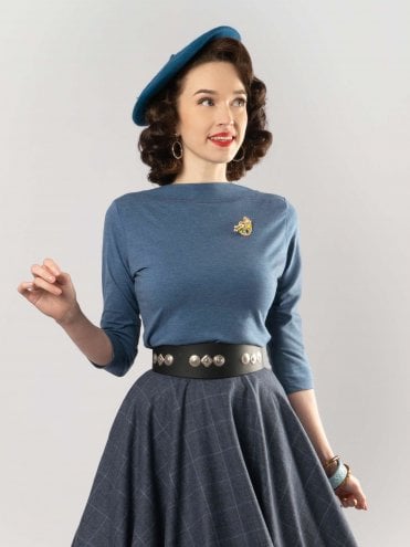 Slash Neck Top Blue Denim 1950s jersey women boat neck bardot top plain solid