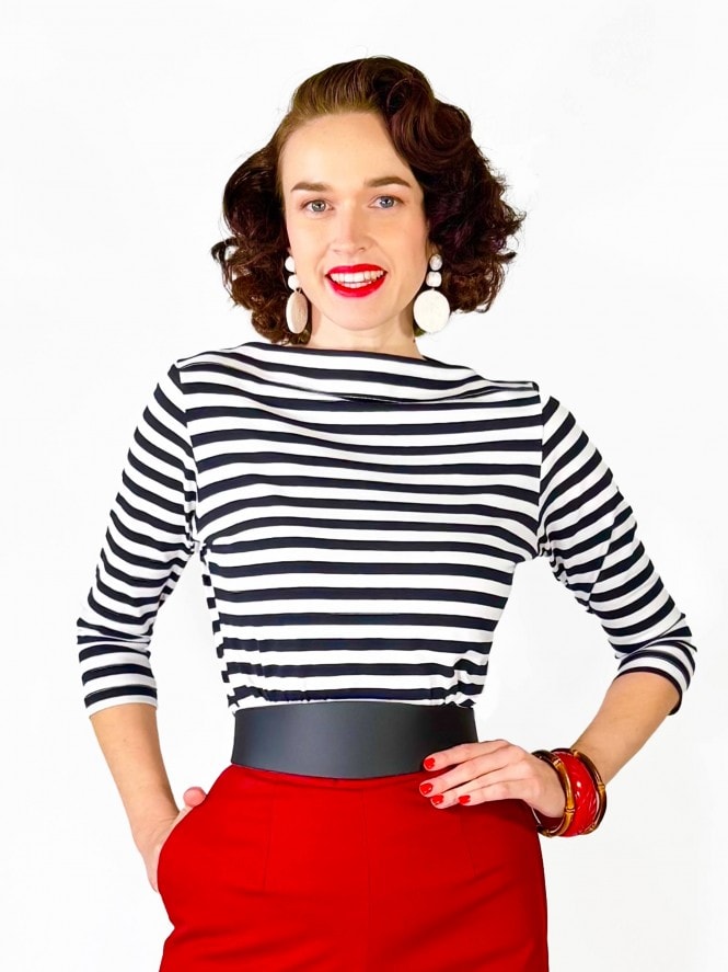 Slash Neck Top Narrow Stripe Navy