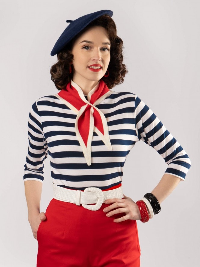 Slash Neck Top Sailor Stripe Navy