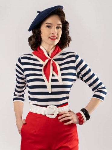 Slash Neck Top Sailor Stripe Navy White 1950s jersey women boat neck bardot top navy sailor breton french style spring summer top