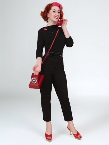 Black Cotton Stretch 1950s high-waist pedal pushers with ankle slit