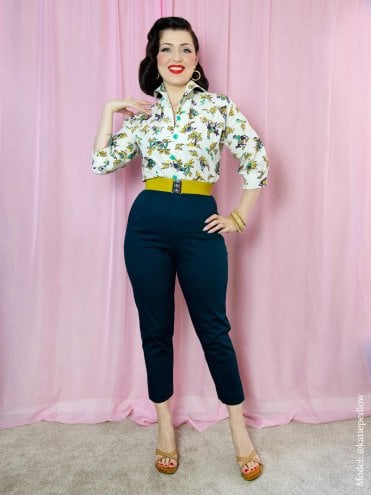 Petrol Cotton Stretch 1950s high-waist pedal pushers with ankle slit