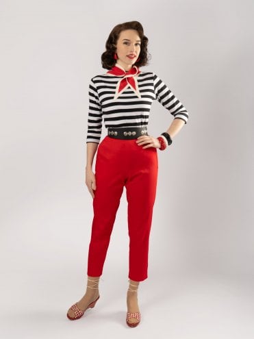 Red Cotton Stretch 1950s high-waist pedal pushers with ankle slit