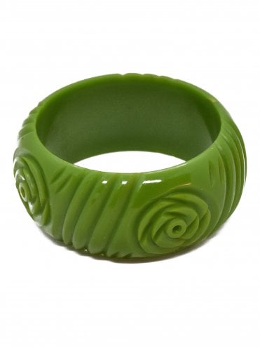 Wide Rose Carved Bangle Leaf Green